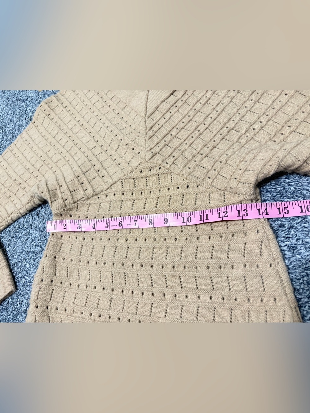Long Sleeve V-Neck Knit Dress in Beige - Picture 4 of 9